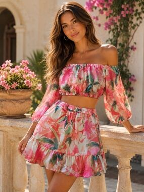 Floral Off-Shoulder Hot Pink Mini Skirt Set Tropical Beach Vibes